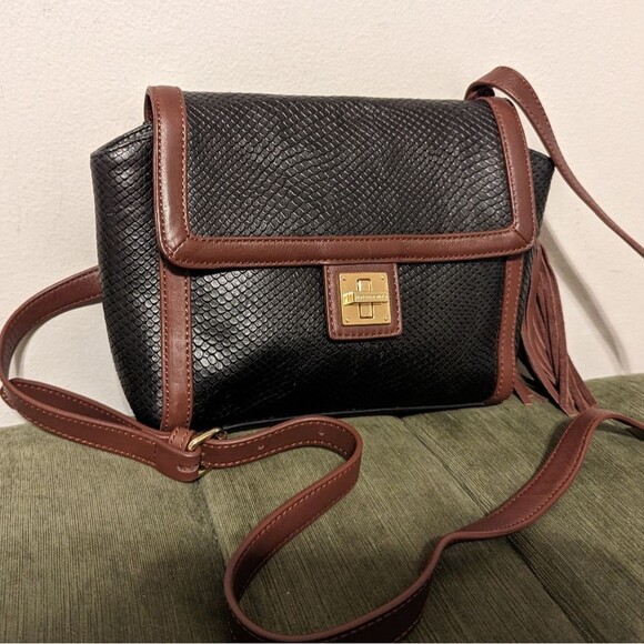 Isaac Mizrahi Black Brown Genuine Textured Snakeskin Embossed Leather Crossbody - Picture 11 of 11